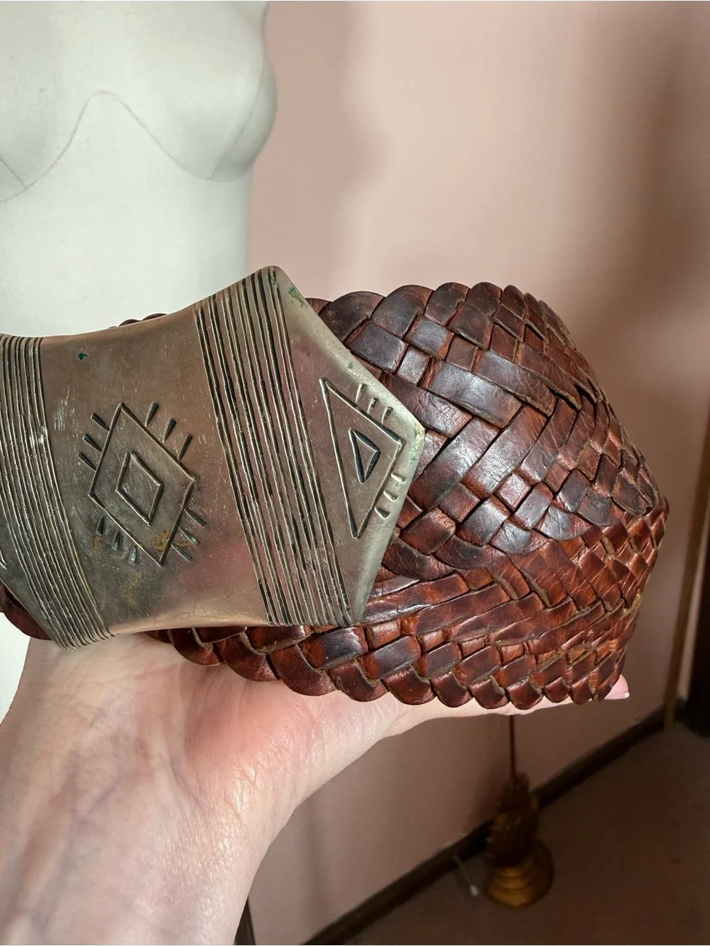 Vintage 1990 Brown woven wide Leather Oversized Silver Concho Belt adjustable